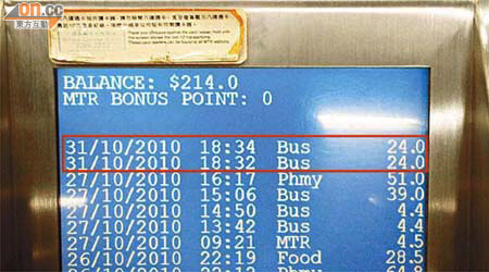交易紀錄清楚顯示於短時間內先後扣除兩次巴士車資，每次均是二十四元（紅框內）。	（讀者提供圖片）