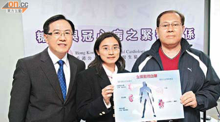 譚劍明（左）、曹慧崐（中）及黃先生（右）三人，齊齊呼籲糖尿病人慎防心血管疾病。	（陸智豪攝）
