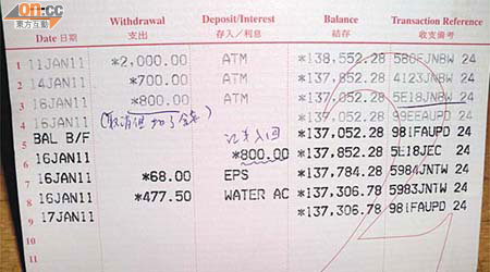 銀行存摺紀錄顯示，滙豐曾扣取八百元，其後始退回。