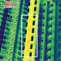 THE ICON十一至十四樓之間外牆在紅外線儀器掃描下呈紅色（白框示），即溫度較高，意味內有空隙及剝落危險。