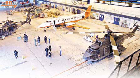 政府飛行服務隊現有三機種作緊急救援服務，另有一款螺旋槳飛機作訓練用途。（左起）海豚直升機、捷流定翼機、超級美洲豹直升機