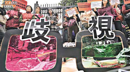 廿多名新移民婦女抗議政府帶頭歧視，拒讓新來港人士可得六千元。	（黃仲民攝）