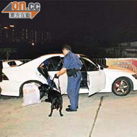 警員押同疑犯及帶同警犬搜查疑犯的私家車。（高偉明攝）