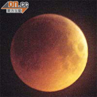 食甚<BR>太陽紅色光線穿過地球大氣層折射向月亮，呈現暗紅。（香港天文學會劉佳能提供）