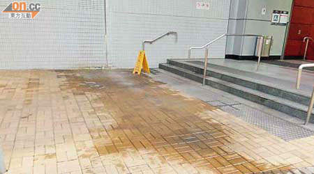 荃灣西站出口天花嚴重漏水，地面殘留大片水漬。	（讀者提供）