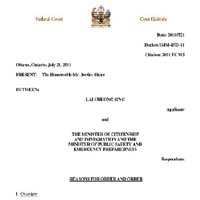 加拿大聯邦法庭的判定書。	（互聯網）