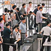機場保安在機場檢查旅客行李。