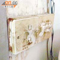 滲漏蔓延至牆身，電掣開關亦告發霉，隨時有漏電之虞。