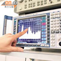 在實驗室的天線測試中，干擾器發出的頻率數值，正高過或觸及2G網絡（手指指示位置）。