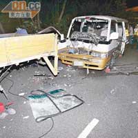 客貨車直插工程車車尾，夾死工程車跟車工人。（王偉安攝）