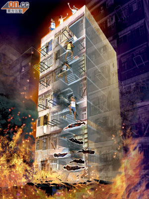 唐樓災場解構圖<br>排檔起火地點<br>消防員梯間找到多具燒焦屍體。