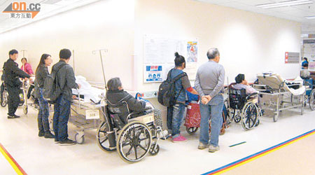 威院急症室<BR>記者昨於威院急症室所見，十多名已獲初步分流的病人，於輪椅或病床上等候近半小時，仍未能進入診症室。