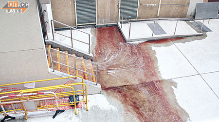 工人清洗現場鮮血，染紅的污水由梯間流出，非常可怖。