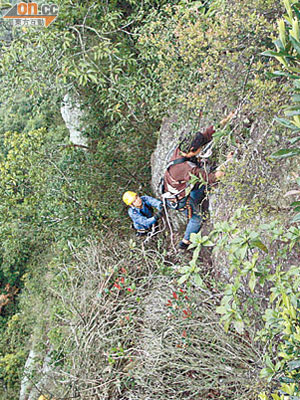 消防員游繩落山坡拯救尋死婦人。（馬景峯攝）