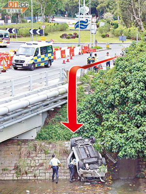 肇事私家車剷上斜壆（箭嘴示），再飛墮水坑翻轉，幸水坑水淺，未致被淹浸。（冼耀華攝）