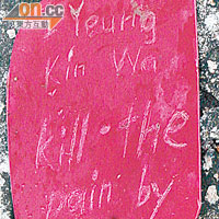 死者楊建華身上掛着寫有「kill the pain by me」的膠片。