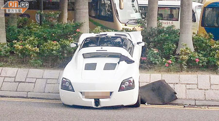 跑車失控剷上路邊花槽。（讀者提供）