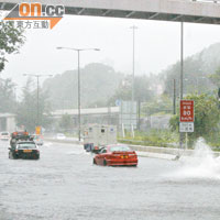 大埔公路出現水浸，有車輛死火被困。（左錦鴻攝）