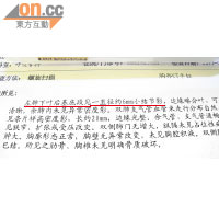 內地的醫療報告指輝哥左肺下葉基底有一直徑約六毫米之小結節影（紅線示）。