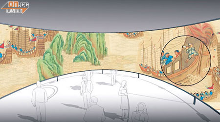 掃描後的《靖海全圖》投射在直徑十米、高四米的數碼幕牆之上，觀眾如置身其中。