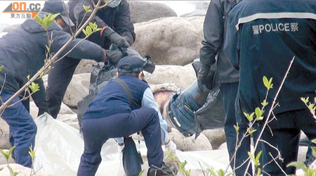 西貢海邊發現的男子屍體，由仵工舁走。（左錦鴻攝）
