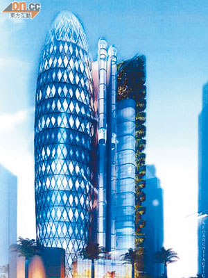 葵涌工業區擬闢建橢圓形設計、樓高廿一層的現代化骨灰龕大樓。（電腦模擬圖）