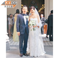 廖俊揚（左）昨日迎娶韓籍女友Evelyn，非常登對。