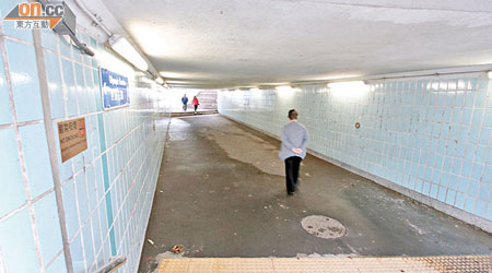 九龍城世運花園行人隧道<br>濕滑的地面，行人容易滑倒受傷。