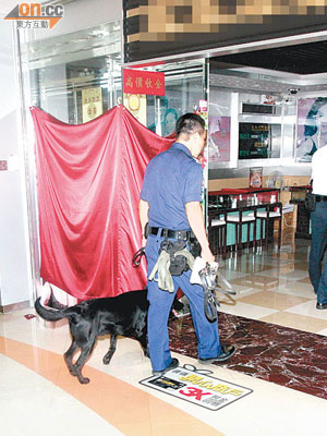 警員帶同警犬在爆竊案現場調查。（王偉安攝）