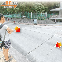 興芳路<br>行人輔助線只鋪有兩排路釘（箭嘴示），行人橫過馬路非常危險。