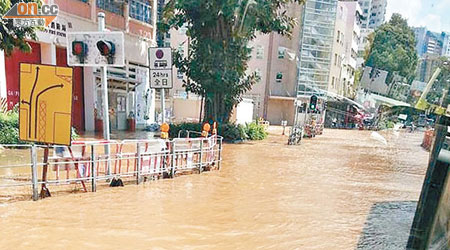 大埔消防局對開出現水浸，恍如河流。（讀者提供）