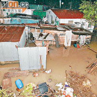 米埔青龍村變成澤國，多間村屋被水淹。