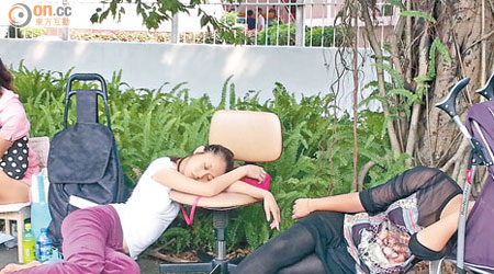 有家長昨午露宿輪候鳳溪幼稚園入學申請表時，疲倦得甚麼方式也睡起來。（李盛芝攝）