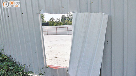 遭爆竊貨倉的鋅鐵板圍牆被剪開。（吳欽旺攝）