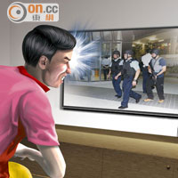 疑兇駁火及自殺模擬圖<br>槍手疑從閉路電視看到大批警員進入大廈。