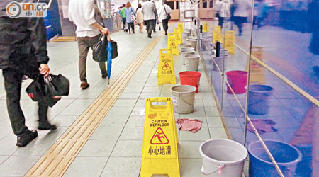 早前連場大雨，太和站窗邊出現滲漏，需以水桶陣「迎戰」。