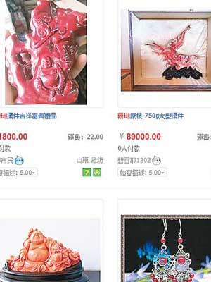 珊瑚製品在淘寶網也有售，價格甚至高達逾一百萬元。（互聯網圖片）