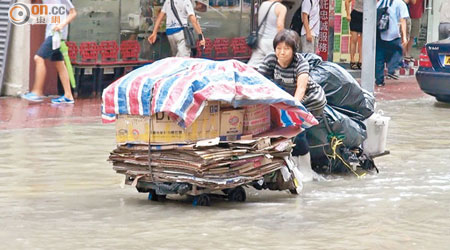 拾荒婦推車「過河」。（蘇仲賢攝）