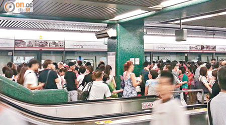 佐敦站在早上的事故中，月台擠滿乘客。（讀者提供）