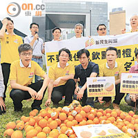 新民主同盟於添馬公園倒出數百個爛橙，寓意不會對假普選「袋住先」。（高嘉業攝）