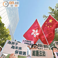 示威者在政總外高舉五星旗及區旗，支持人大常委會決定。