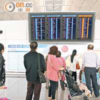 航班延誤旅客只能不停留意機場電子顯示屏的最新消息。