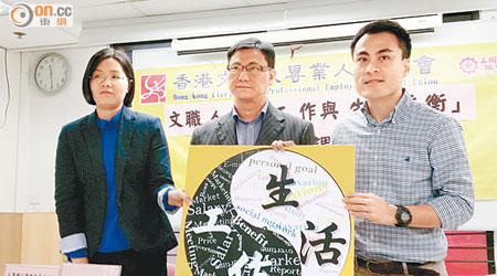 香港文職及專業人員總會副會長王吉顯（中），促盡快落實標準工時。
