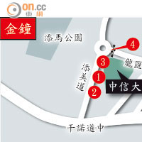 禁制令涉及的路段 金鐘<br>1.中信大廈位於添美道的停車場入口<br>2＋3. 中信大廈位於添美道的兩個緊急出口<br>3.中信大廈對開一段龍匯道的障礙物