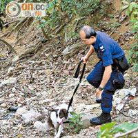 搜爆警犬落斜坡搜索爆炸物。（梁卓明攝）