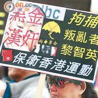 示威者高舉印有黎智英肖像及「黑金漢奸」字句的示威牌。