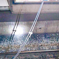 折斷電纜跌落杏花邨站的路軌。（讀者提供圖片）