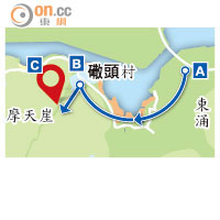 A上午8:30 行山團在東涌出發。<br>B途經(石散)頭村上彌(石散)石澗。<br>C上午10:09 張永安到摩天崖救人時意外墮崖。