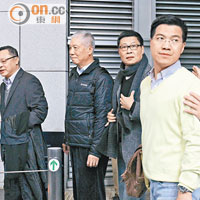 戴耀廷（左起）、朱耀明、陳健民及范國威昨早一起到灣仔警察總部「預約拘捕」，四人均拒保候查。
