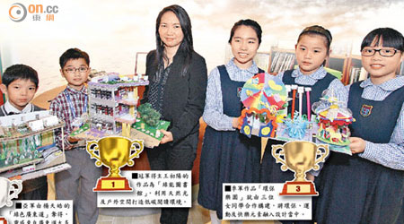 一班獲得綠色建築設計獎冠、亞及季軍的高小組學生，作品均利用環保物料製造。
